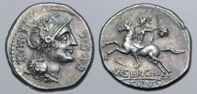 M. Sergius Silus AR Denarius. Rome, 116-115 BC. Helmeted head of Roma to right; EX•S•C upwards before, ROMA and mark of value behind / Horseman riding...