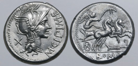 M. Cipius AR Denarius. Rome, 115-114 BC. Helmeted head of Roma to right; M•CIPI•M•F before, X (mark of value) behind / Victory driving galloping biga ...