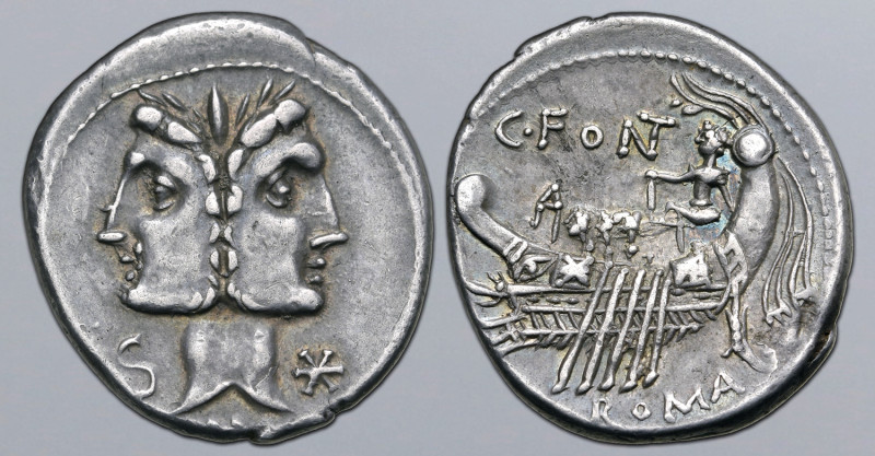 C. Fonteius AR Denarius. Rome, 114-113 BC. Laureate, janiform heads of the Diosc...