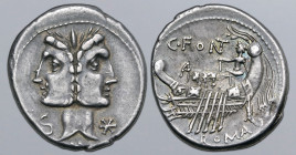 C. Fonteius AR Denarius. Rome, 114-113 BC. Laureate, janiform heads of the Dioscuri, S to left and mark of value to right / Galley to left with three ...