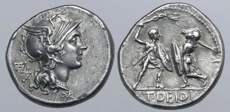 T. Didius AR Denarius. Rome, 113-112 BC. Helmeted head of Roma to right; monogra...