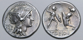 T. Didius AR Denarius. Rome, 113-112 BC. Helmeted head of Roma to right; monogram of ROMA behind, [mark of value] below / Two gladiators fighting, eac...