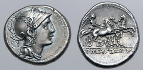 T. Manlius Mancinus, Appius Claudius Pulcher, and Q. Urbinius AR Denarius. Rome, 111-110 BC. Helmeted head of Roma to right; quadrangular device behin...