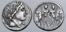 L. Memmius AR Denarius. Rome, 109-108 BC. Male head to right (Apollo?), wearing oak wreath; mark of value before / The Dioscuri standing facing before...