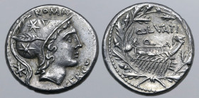 Q. Lutatius Cerco AR Denarius. Rome, 109-108 BC. Head of Roma (or Mars) to right, wearing helmet decorated with plume and stars; ROMA above, star (mar...