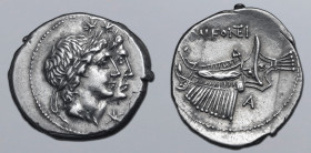 M. n. Fonteius AR Denarius. Rome, 108-107 BC. Jugate and laureate heads of the Dioscuri to right; two stars above, mark of value below chins / Ship to...