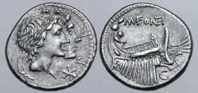 M. n. Fonteius AR Denarius. Rome, 108-107 BC. Jugate and laureate heads of the Dioscuri to right; P P upwards before, two stars above, mark of value b...