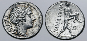 M. Herennius AR Denarius. Rome, 108-107 BC. Head of Pietas to right, wearing stephane; PIETAS downwards behind / Amphinomus running to right, carrying...