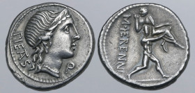 M. Herennius AR Denarius. Rome, 108-107 BC. Head of Pietas to right, wearing stephane; PIETAS (partially ligate) downwards behind, P (control letter) ...