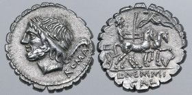 L. Memmius Galeria AR Serrate Denarius. Rome, 106 BC. Laureate bust of Saturn to left; ROMA and harpa behind / Venus driving biga to right; Cupid flyi...