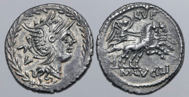 M. Lucilius Rufus AR Denarius. Rome, 101 BC. Helmeted head of Roma to right; PV behind; all within laurel wreath / Victory in biga to right; RVF above...