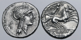 D. Junius L. f. Silanus AR Denarius. Rome, 91 BC. Helmeted head of Roma to right; R (control mark) behind / Victory in biga to right; II (control mark...