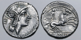 D. Silanus L .f. AR Denarius. Rome, 91 BC. Helmeted head of Roma to right; control mark behind / Victory in biga to right; control mark above, [D]•SIL...