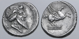 Q. Titius AR Denarius. Rome, 90 BC. Bearded head of Mutinus Titinus to right, wearing winged diadem, lock of hair falling down neck / Pegasus springin...