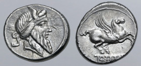 Q. Titius AR Denarius. Rome, 90 BC. Bearded head of Mutinus Titinus to right, wearing winged diadem, lock of hair falling down neck / Pegasus springin...