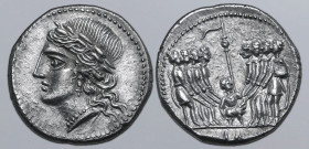 The Social War, Marsic Confederation AR Denarius. Corfinium, circa 90 BC. Laureate head of Italia to left / Oath-taking scene: eight soldiers, four on...