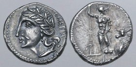 The Social War, Marsic Confederation AR Denarius. Bovianum(?), 89 BC. Laureate head of Italia to left, Oscan script behind / Soldier standing facing, ...