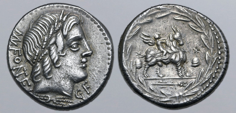 Mn. Fonteius C. f. AR Denarius. Rome, 85 BC. Laureate head of Apollo Veiovis to ...