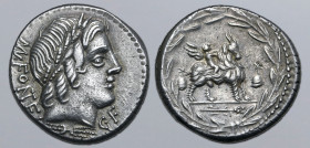 Mn. Fonteius C. f. AR Denarius. Rome, 85 BC. Laureate head of Apollo Veiovis to right; thunderbolt below, MN•FONTEI (partially ligate) behind, C•F bel...