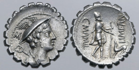 C. Mamilius Limetanus AR Serrate Denarius. Rome, 82 BC. Draped bust of Mercury to right, wearing winged petasos; caduceus and M (control letter) behin...