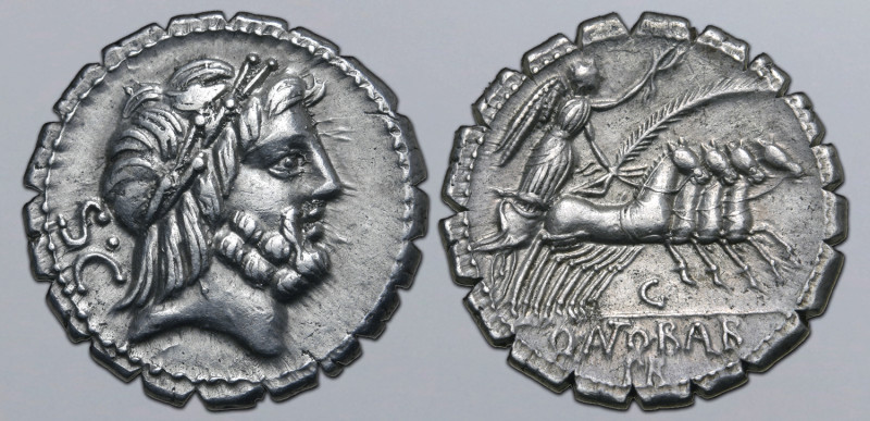 Q. Antonius Balbus AR Serrate Denarius. Rome, 83-82 BC. Laureate head of Jupiter...