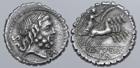 Q. Antonius Balbus AR Serrate Denarius. Rome, 83-82 BC. Laureate head of Jupiter to right; S•C behind, •A (control letter) before / Victory driving qu...