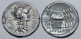 L. Manlius and L. Cornelius Sulla AR Denarius. Military mint travelling with Sulla, 82 BC. Helmeted head of Roma to right; L•MANLI upwards before, PRO...