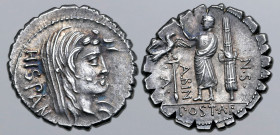 A. Postumius A. f. Sp. n. Albinus AR Serrate Denarius. Rome, 81 BC. Head of Hispania to right, wearing veil; HISPAN behind / Togate figure standing to...