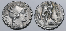 C. Poblicius Q. f. AR Serrate Denarius. Rome, 80 BC. Helmeted and draped bust of Roma to right; A (control letter) above, ROMA downwards behind / Herc...