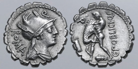 C. Poblicius Q. f. AR Serrate Denarius. Rome, 80 BC. Helmeted and draped bust of Roma to right; Q (control letter) above, ROMA downwards behind / Herc...