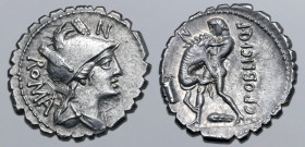 C. Poblicius Q. f. AR Serrate Denarius. Rome, 80 BC. Helmeted and draped bust of Roma to right; N (control letter) above, ROMA downwards behind / Herc...