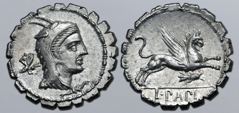 L. Papius AR Serrate Denarius. Rome, 79 BC. Head of Juno Sospita to right, weari...