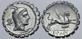 L. Papius AR Serrate Denarius. Rome, 79 BC. Head of Juno Sospita to right, wearing goat skin headdress; butterfly (control symbol) behind / Griffin sp...