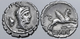 L. Papius AR Serrate Denarius. Rome, 79 BC. Head of Juno Sospita to right, wearing goat skin headdress; comb (control symbol) behind / Griffin springi...