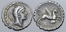 L. Papius AR Serrate Denarius. Rome, 79 BC. Head of Juno Sospita to right, wearing goat skin headdress; sword behind / Griffin springing to right; shi...