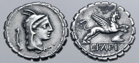 L. Papius AR Serrate Denarius. Rome, 79 BC. Head of Juno Sospita to right, wearing goat skin headdress; bow (control symbol) behind / Griffin springin...