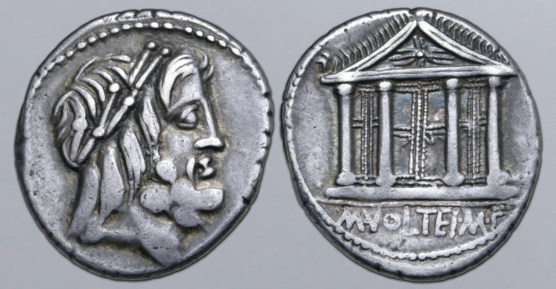 M. Volteius M. f. AR Denarius. Rome, 78 BC. Laureate head of Jupiter to right / ...