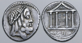 M. Volteius M. f. AR Denarius. Rome, 78 BC. Laureate head of Jupiter to right / Tetrastyle temple of Jupiter Capitolinus, with closed doors, winged th...