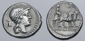 M. Volteius M.f AR Denarius. Rome, 78 BC. Laureate, helmeted and draped bust of Attis to right; pileus surmounted by star behind / Cybele, wearing tur...