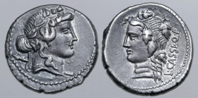 L. Cassius Q. f. Longinus AR Denarius. Rome, 78 BC. Head of Liber (or Bacchus) to right, wearing ivy wreath; thyrsus over shoulder / Head of Liber to ...