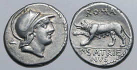 P. Satrienus AR Denarius. Rome, 77 BC. Helmeted head of Roma to right; V (control numeral) behind / She-wolf standing to left; ROMA above, P•SATRIENVS...