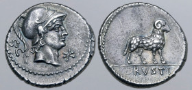 L. Rustius AR Denarius. Rome, 76 BC. Helmeted head of Mars to right; S•C behind, mark of value before / Ram standing to right; L•RVSTI below. Crawford...