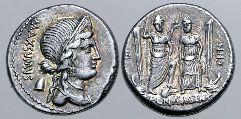 Cn. Egnatius Cn. f. Cn. n. Maxsumus AR Denarius. Rome, 75 BC. Diademed and drape...