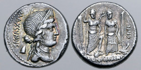 Cn. Egnatius Cn. f. Cn. n. Maxsumus AR Denarius. Rome, 75 BC. Diademed and draped bust of Libertas to right; pileus and MAXSVMVS downwards behind / Ro...