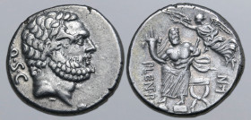 Pub. Lentulus P. f. L. n. Spinther AR Denarius. Rome, 74 BC. Bust of Hercules to right; Q•S•C behind / Genius of the Roman People seated facing, holdi...