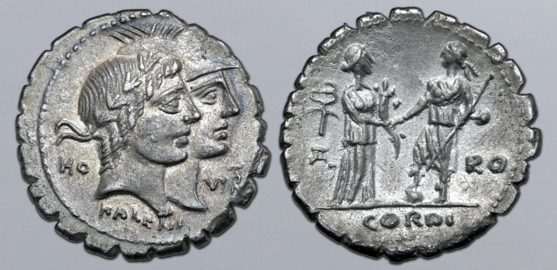 Q. Fufius Kalenus and Mucius Cordus AR Serrate Denarius. Rome, 70 BC. Jugate hea...