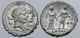 Q. Fufius Kalenus and Mucius Cordus AR Serrate Denarius. Rome, 70 BC. Jugate heads of Honos, laureate, and Virtus, wearing crested helmet, to right; K...