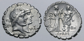 Q. Fufius Kalenus and Mucius Cordus AR Serrate Denarius. Rome, 70 BC. Jugate heads of Honos, laureate, and Virtus, wearing crested helmet, to right; K...