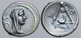 P. Sulpicius Galba AR Denarius. Rome, 69 BC. Veiled and diademed head of Vesta to right; S•C behind / Knife, culullus and axe; AE - CV[R] across field...