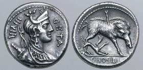 C. Hosidius C. f. Geta AR Denarius. Rome, 68 BC. Draped bust of Diana to right, wearing stephane, bow and quiver over shoulder; III•VIR downwards to l...